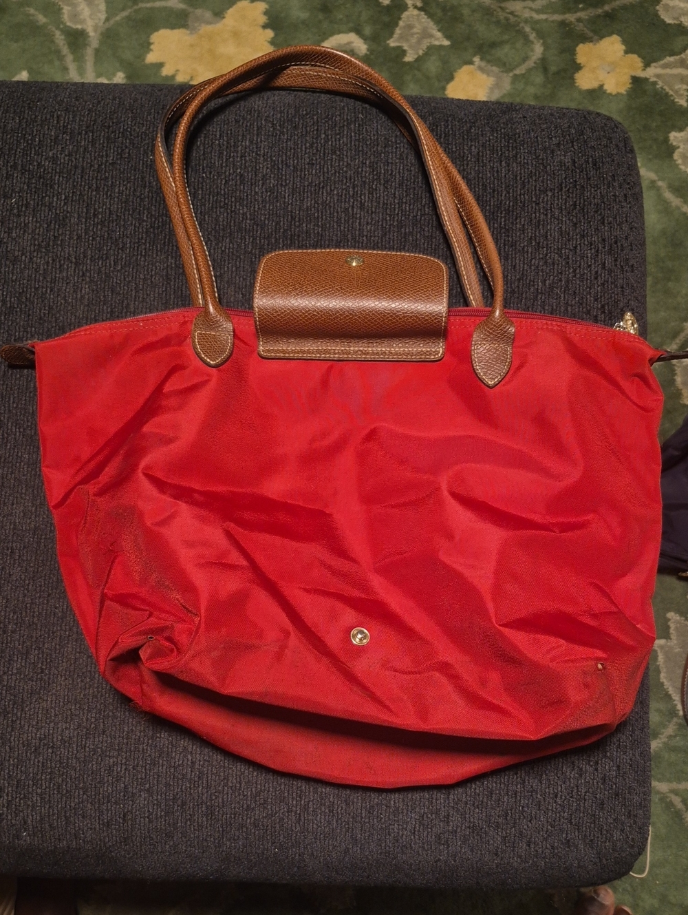 Red Nylon Tote Bag with Brown Leather Trim